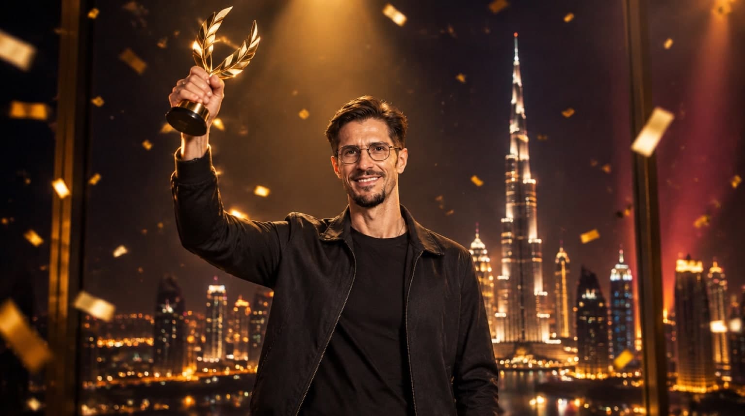 Matthias Mende raising a gold trophy in front of the Dubai skyline at night