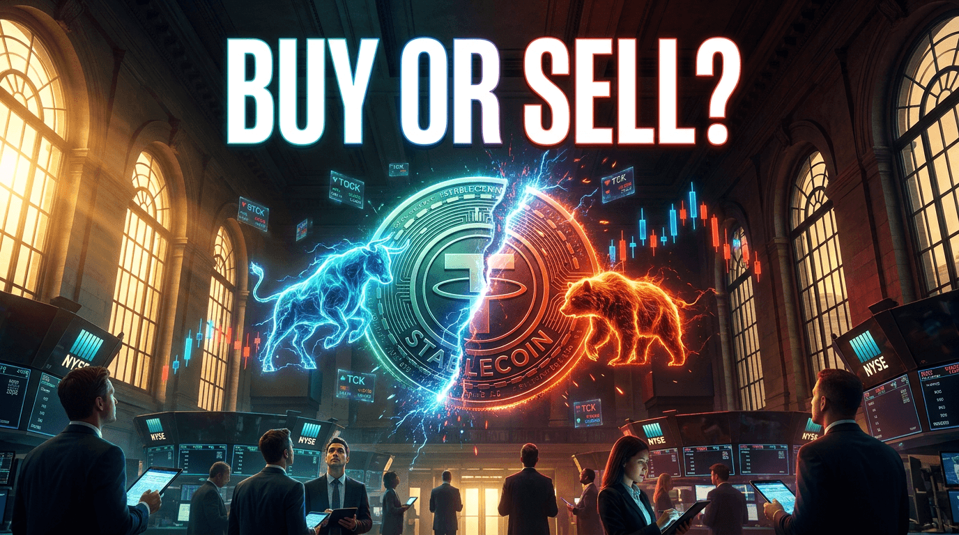 A glowing stablecoin split by a bull and a bear above the NYSE trading floor, with BUY OR SELL text