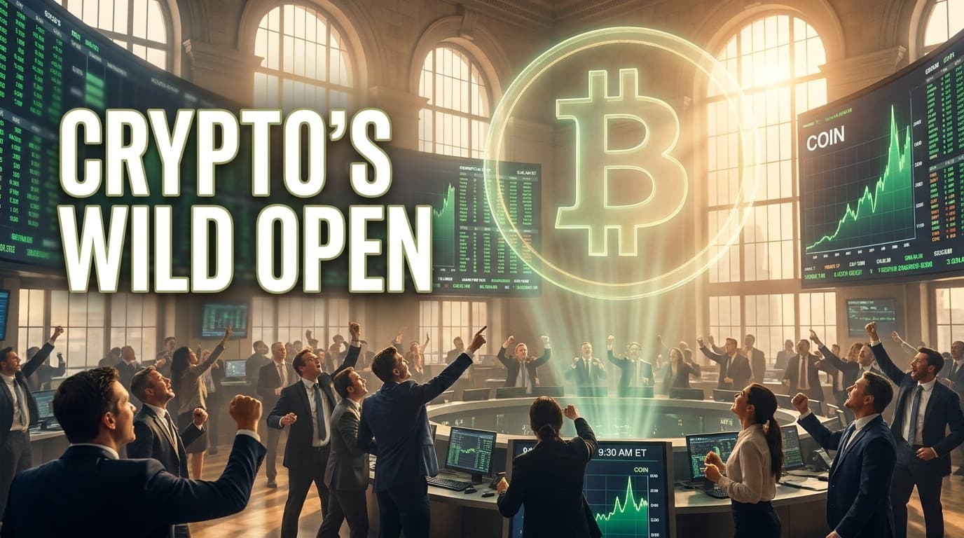 Traders on a trading floor as a Coinbase stock chart spikes upward beside a glowing Bitcoin hologram, headline CRYPTO'S WILD OPEN